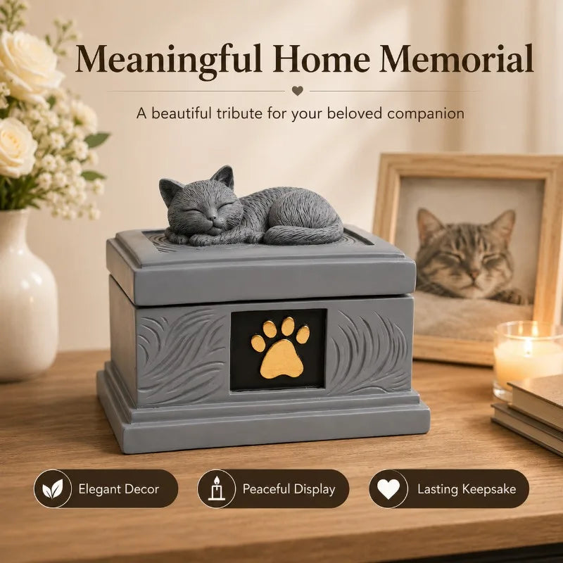 Resin Pet Memorial Urn Box | Sleeping Cat Lid & Gold Paw Pet Memorial Urn QXL