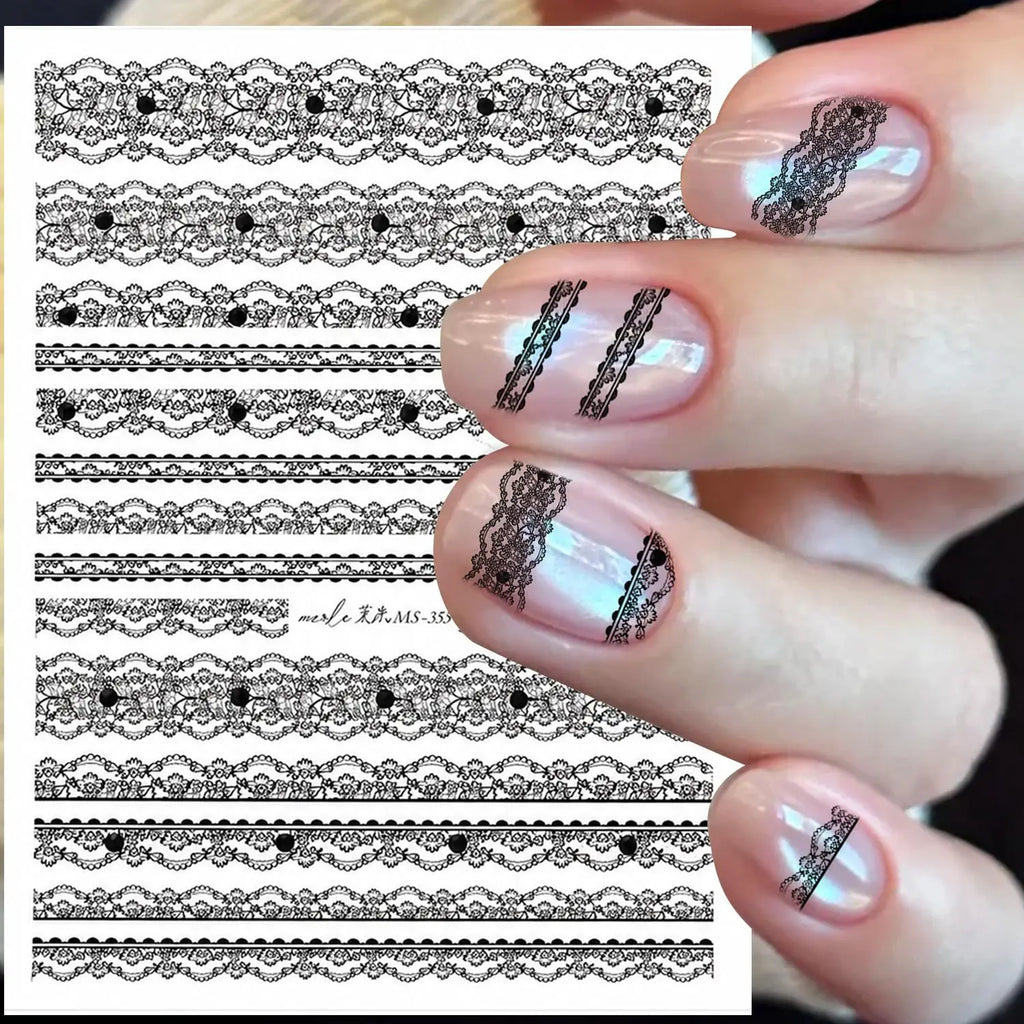 3D Lace & Pearl Nail Art Stickers | Black & White Decals Nail Art Stickers QXL