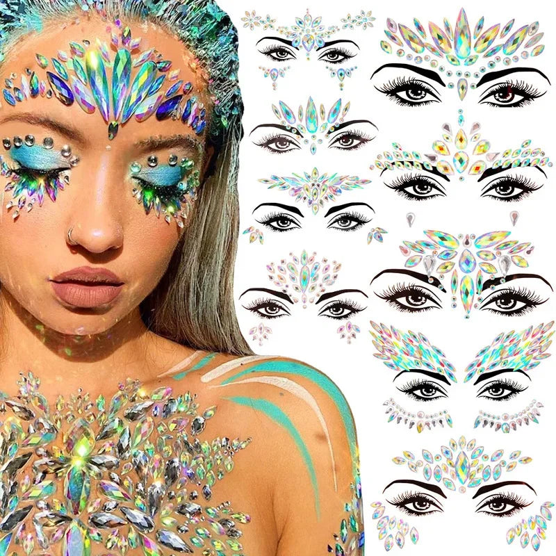 3D Glitter Rhinestone Face Jewel Stickers | Temporary Tattoos Temporary Face Gems QXL