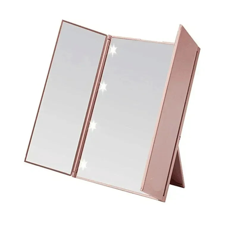 Portable LED Three-Sided Folding Makeup Mirror with Light Lighted Makeup Mirror QXL Pink