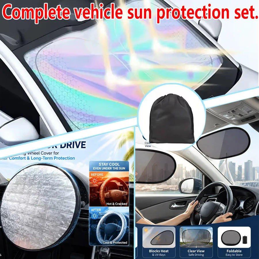 3-in-1 Car Sun Shade Kit – Windshield, Steering Wheel & Windows Car Sun Shade Set QXL