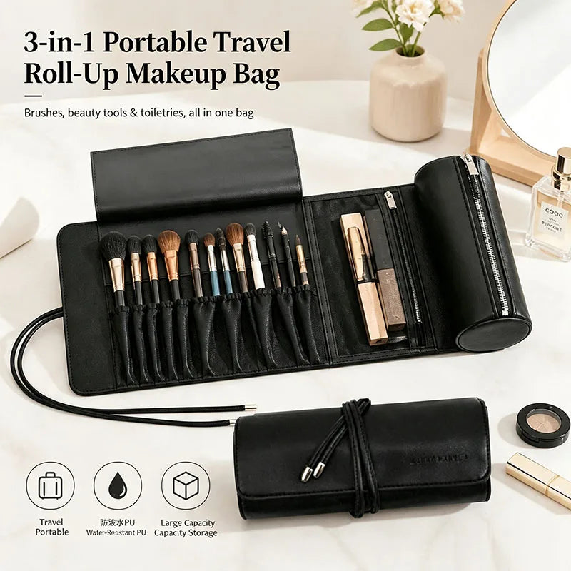 PU Leather Roll-Up Makeup Brush Bag | Cylinder Travel Case Makeup Brush Bag QXL