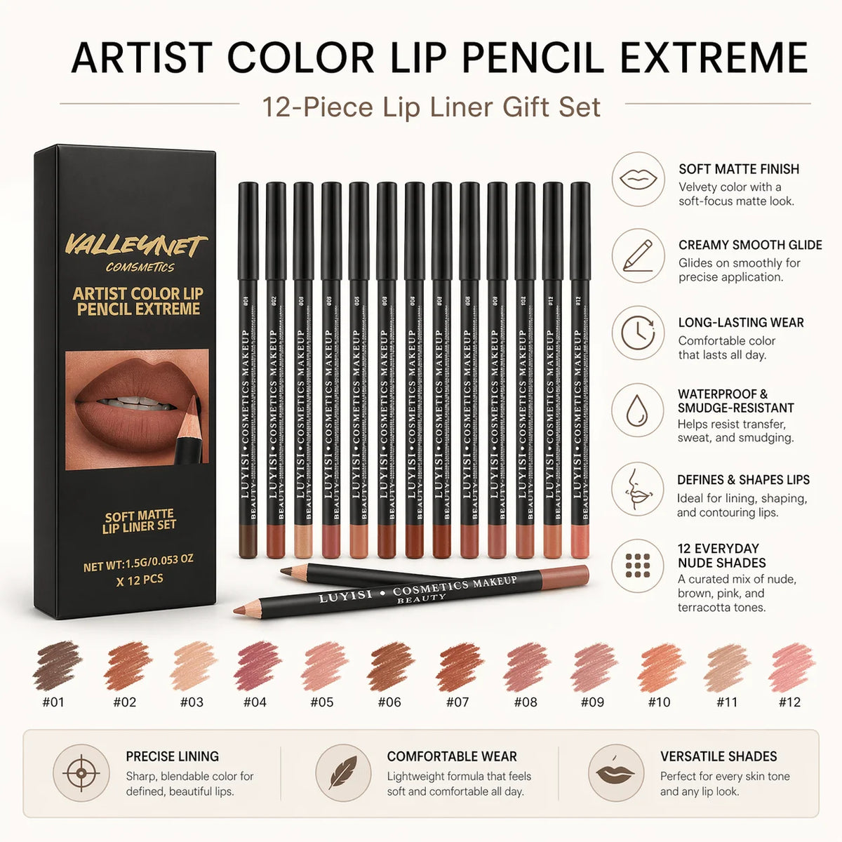 12-Piece Matte Lip Liner Set | Waterproof, Nude to Red Matte Lip Liner Set QXL