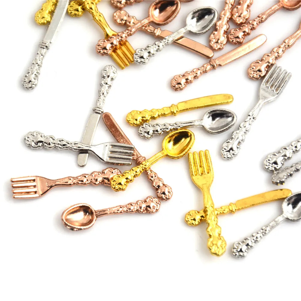 12-Pc 1:12 Dollhouse Miniature Metal Tableware | Fork Knife Spoon Dollhouse Miniature Set QXL