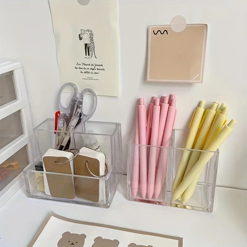Acrylic 3-Grid Pen Holder | Clear Desktop Organizer Desktop Pen Organizer QXL
