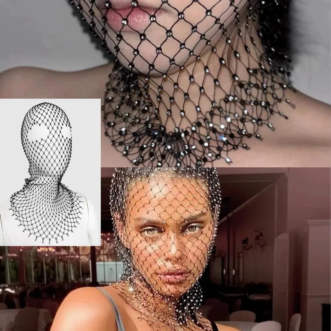 Rhinestone Fishnet Balaclava | Crystal Mesh Head Wrap Rhinestone Head Wrap QXL