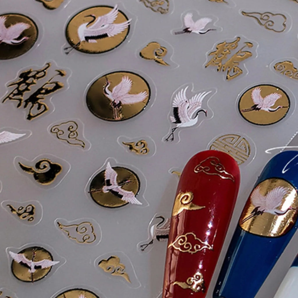 5D Bronzing White Crane Nail Art Stickers | Gold Acrylic Decals Nail Art Stickers QXL
