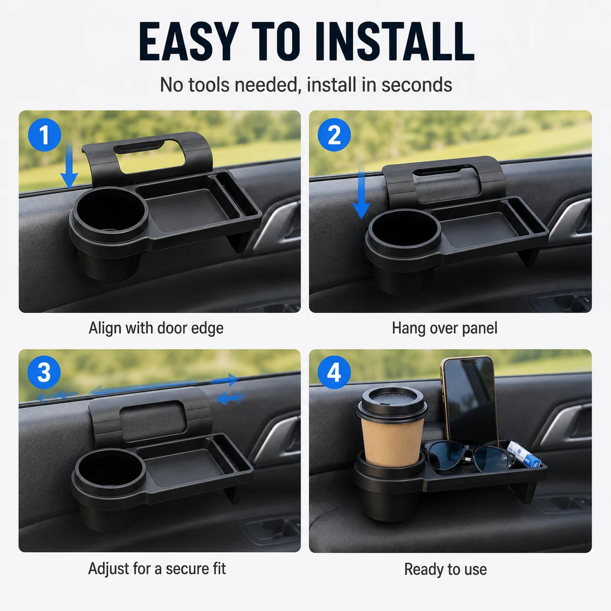 Car Door Cup Holder Organizer Rack – No-Drill Storage Car Door Organizer QXL
