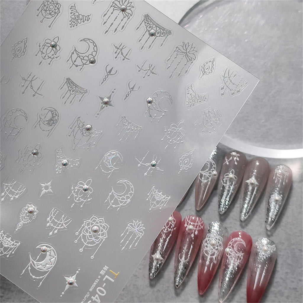 White Hollow Moon Nail Stickers | Pearl Rhinestone Decals Nail Art Stickers QXL