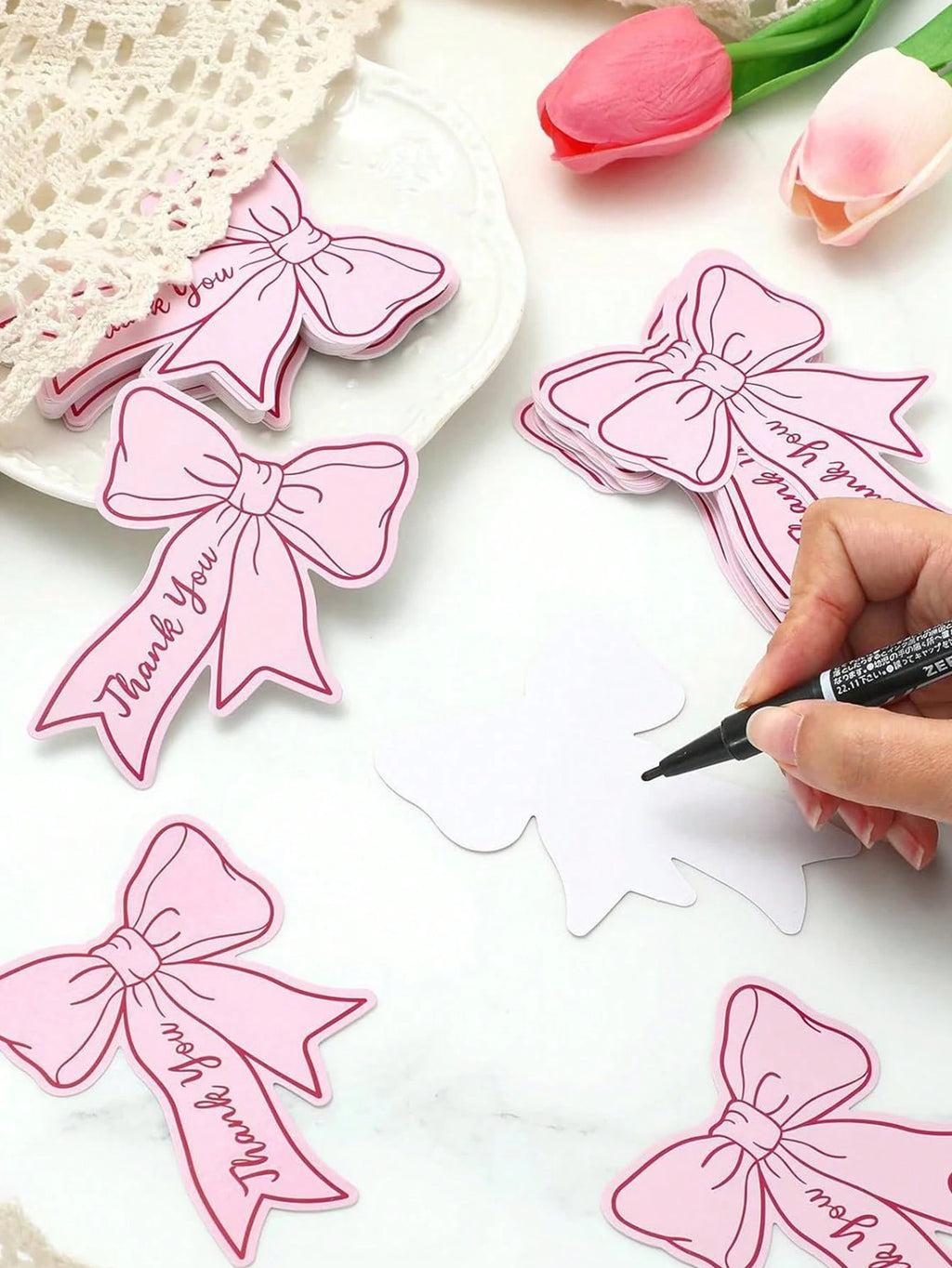50-Pack Pink & Blue Bow Thank You Cards | Blank Place Cards Thank You Cards QXL