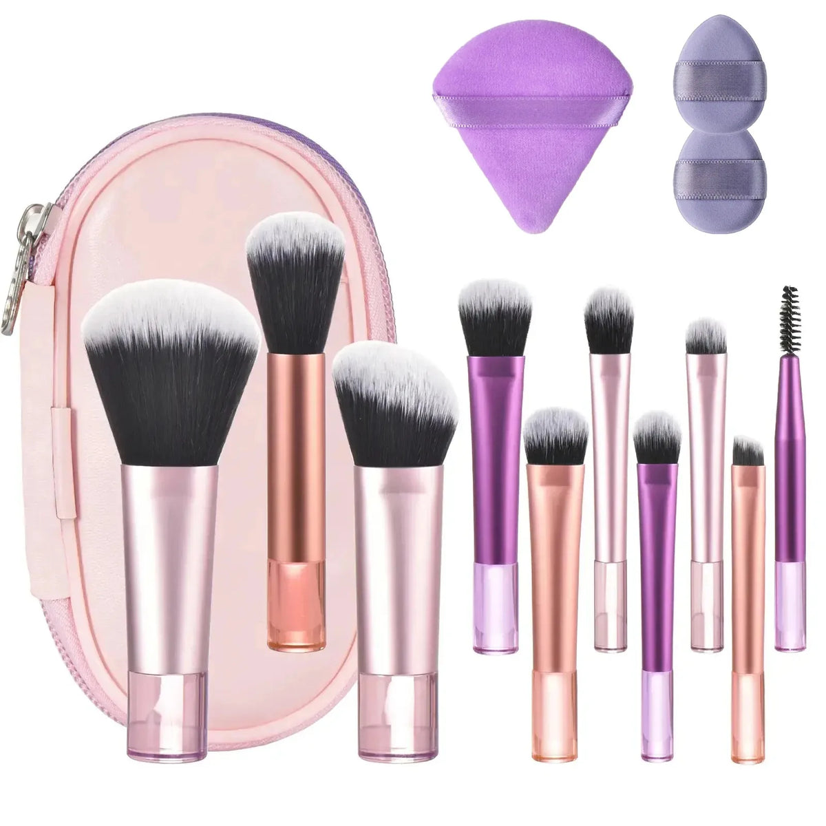 10-Pc Mini Travel Makeup Brush Set with Puff & Palm Handle Travel Makeup Brush Set QXL