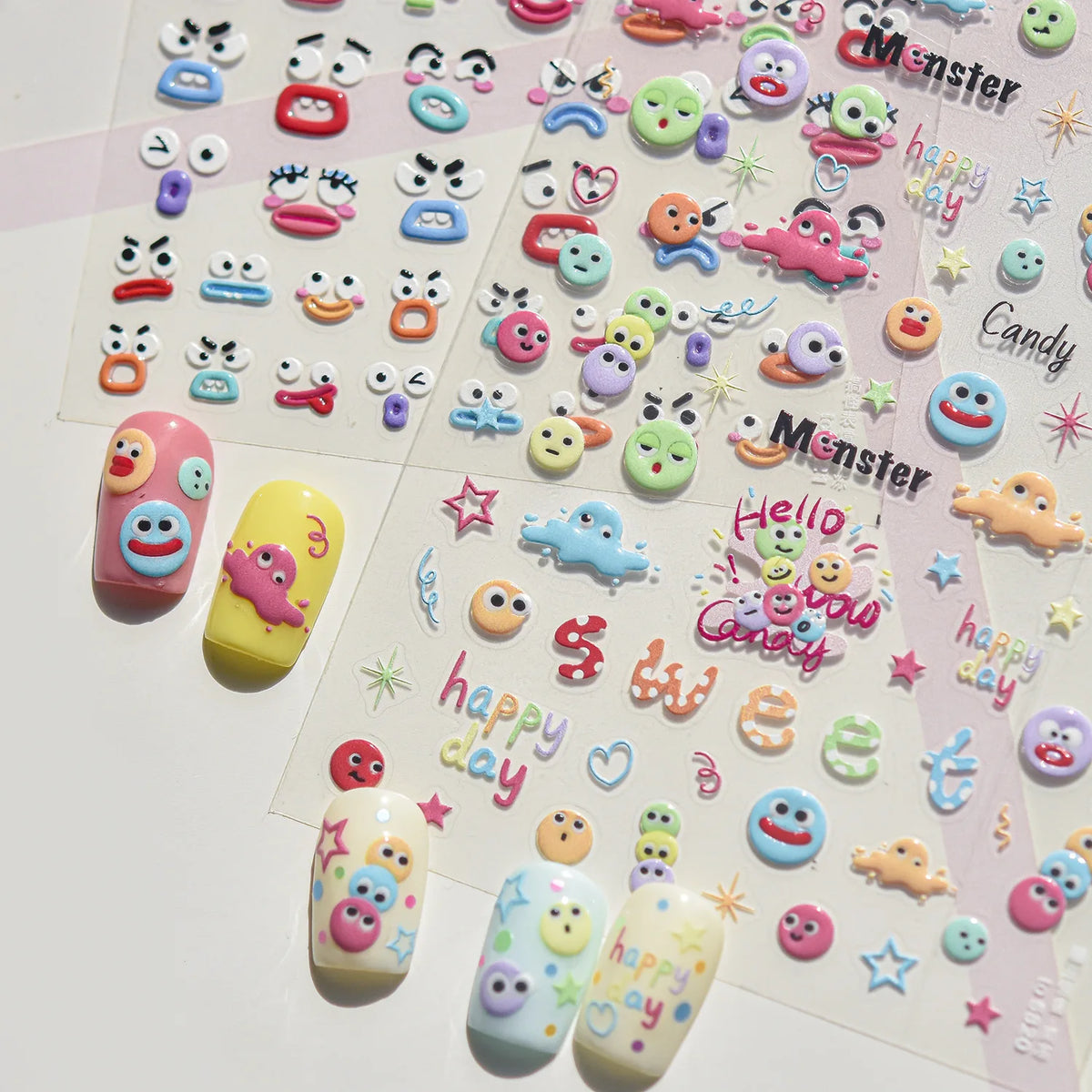 5D Cartoon Nail Stickers | Smiley Monster Star Heart Decals Nail Art Stickers QXL