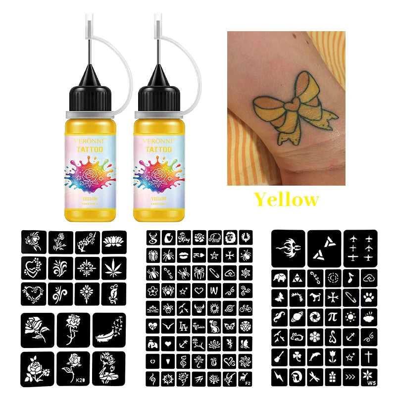 Temporary Tattoo Ink Kit with 120 Stencils | DIY Body Art Temporary Tattoo Kit QXL 3pcs-Yellow