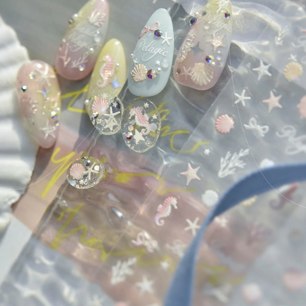 5D Ocean Nail Stickers – Iridescent Shell Starfish Seahorse Nail Art Stickers QXL