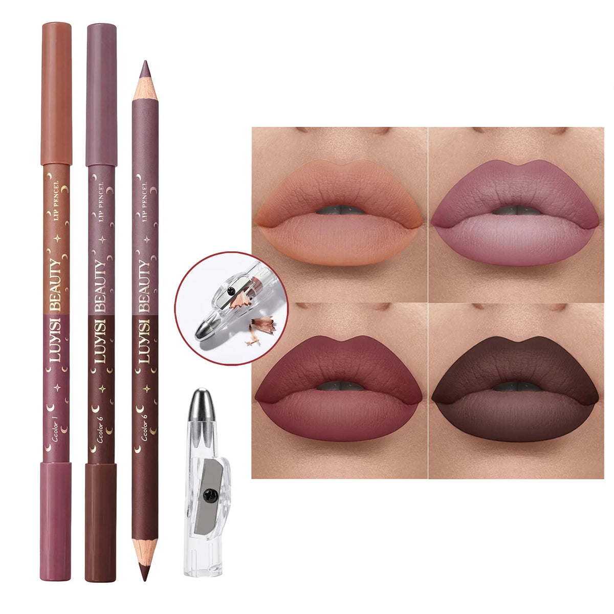 3-Pack Velvet Matte Lip Liners + Sharpener | Waterproof Lip Liner Set QXL