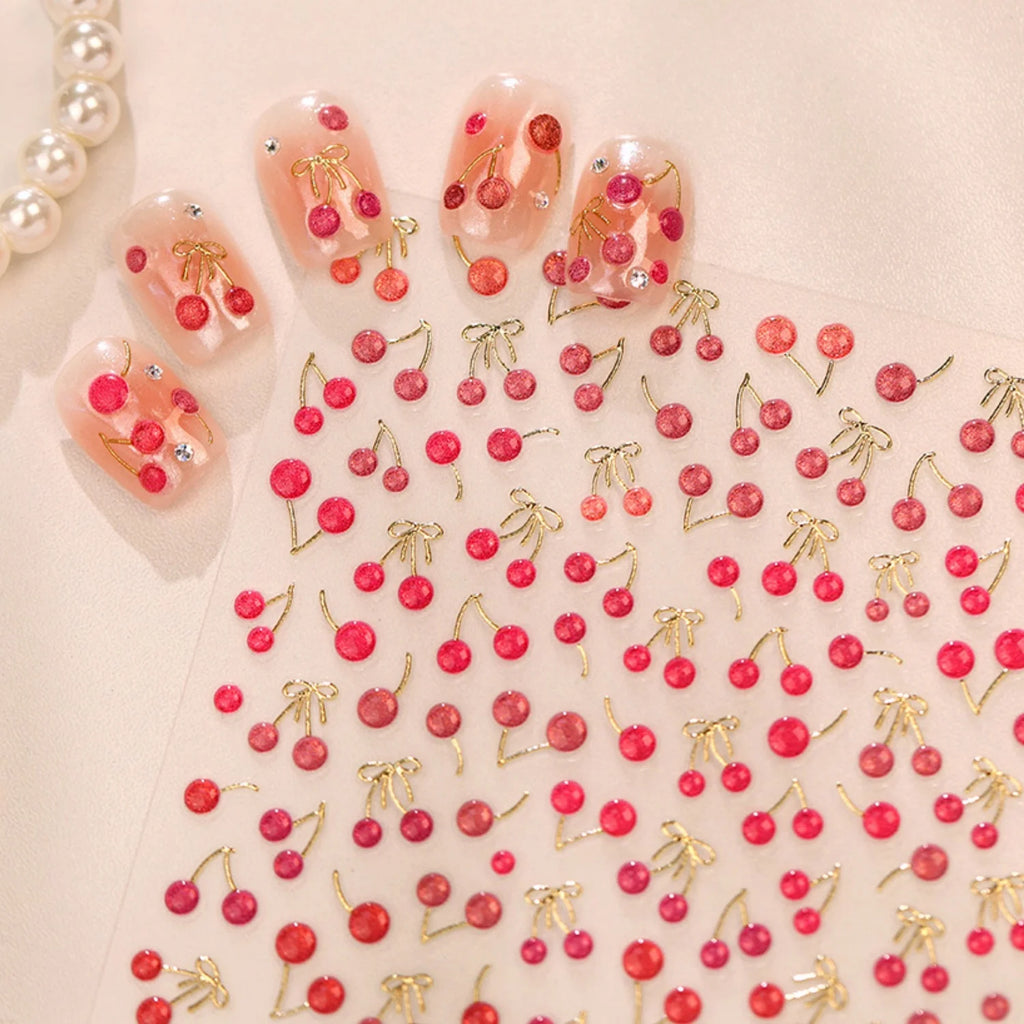 5D Vintage French Nail Stickers | Gold Cherry Bow Decals Nail Art Stickers QXL