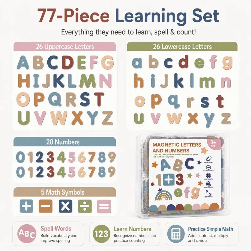 77-Pc Magnetic Letters & Numbers EVA Fridge Magnets for Kids Educational Magnet Set QXL