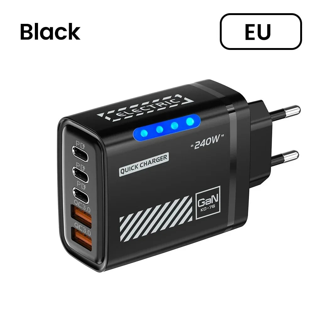5-Port GaN USB-C 240W PD Fast Charger | Desktop Adapter GaN USB-C Charger QXL Black EU