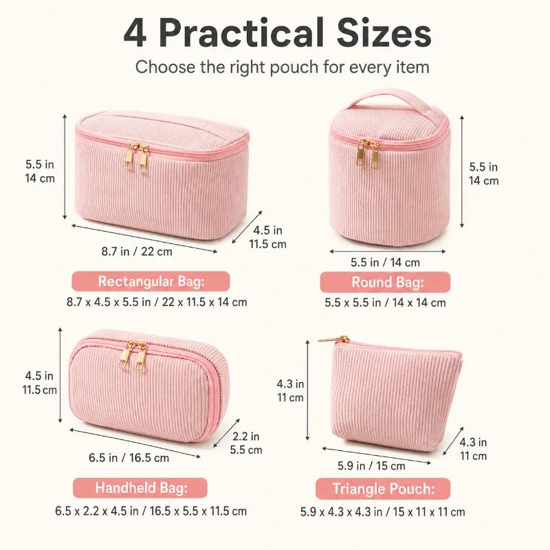 4-Piece Corduroy Cosmetic Bag Set | Travel Makeup Organizer Cosmetic Bag Set QXL