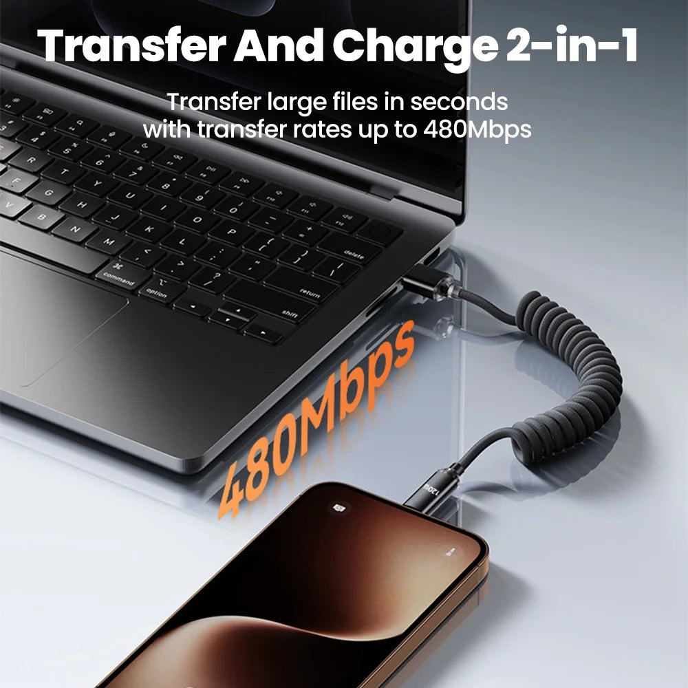 120W Retractable USB-C Fast Charging Cable | Spring Telescopic USB Charging Cable QXL