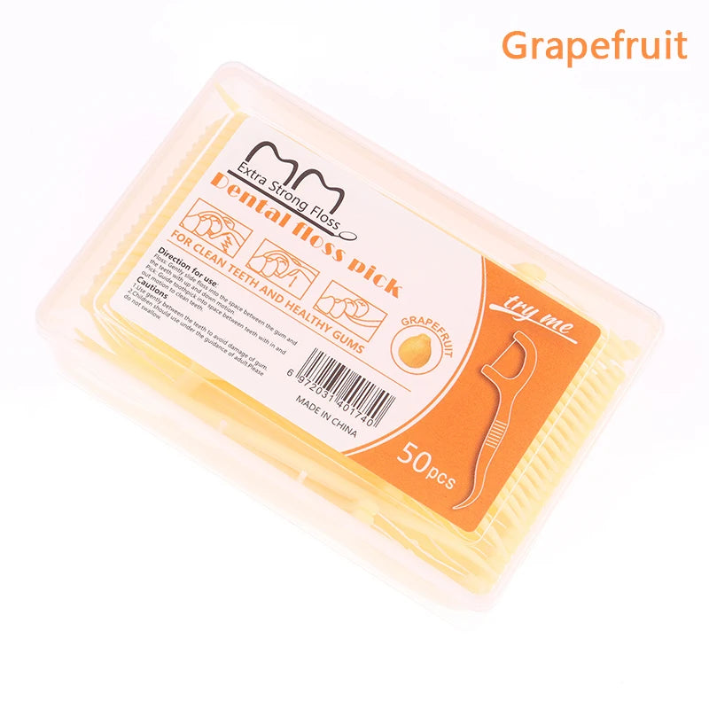 50-Pack Fruit-Flavored Dental Floss Picks | Portable Box Dental Floss Picks QXL Grapefruit