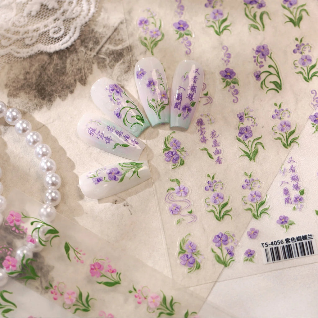 5D Orchid & Calligraphy Nail Stickers | Self-Adhesive Manicure Art Nail Art Stickers QXL