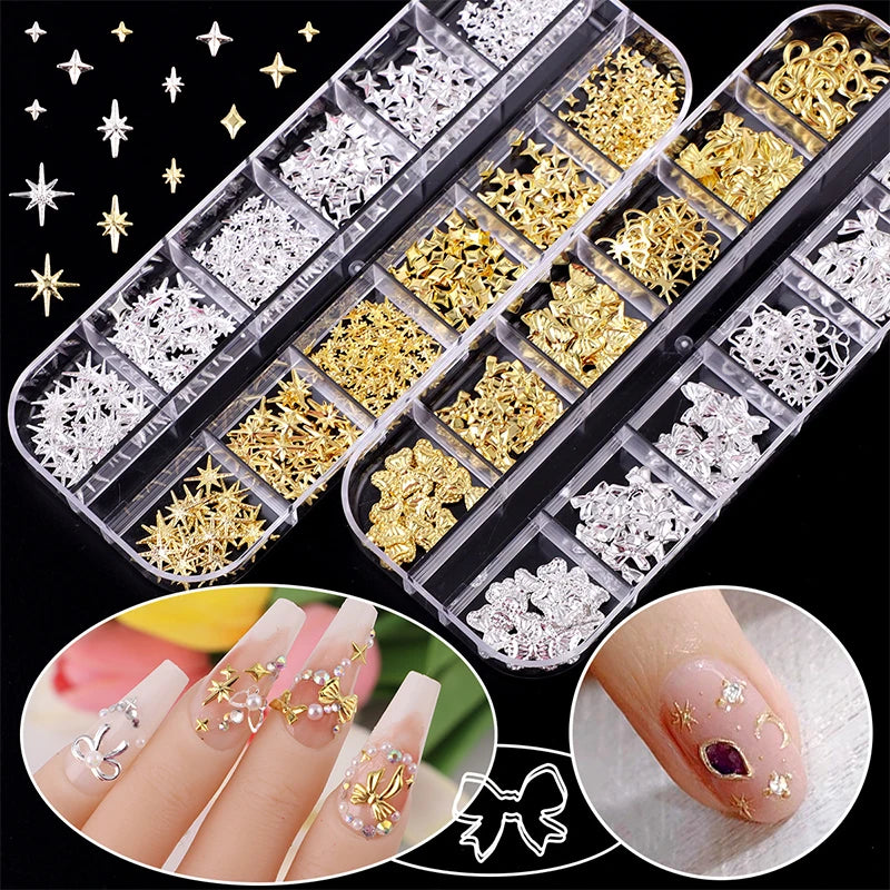 3D Metal Nail Charms Set | Gold & Silver Bowknot Stars 2-Box 3D Nail Charms QXL