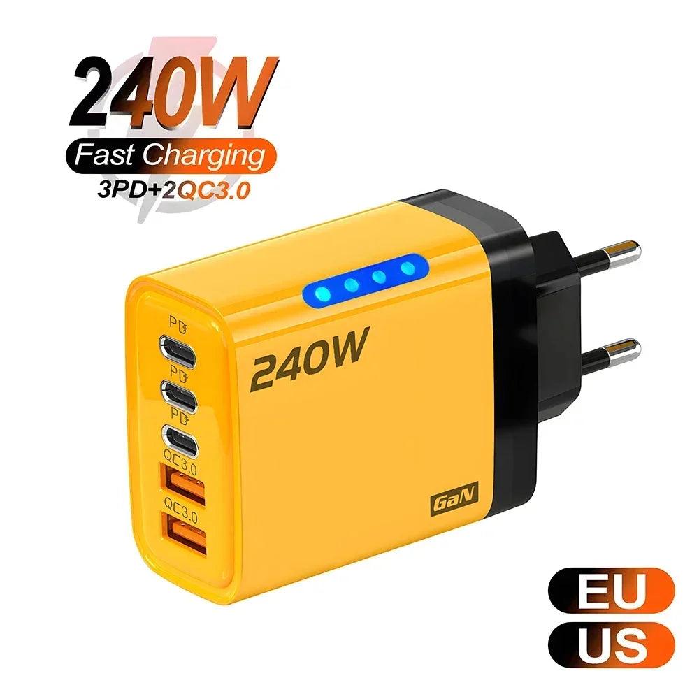 240W GaN 5-Port USB-C Fast Charger with LED Indicator GaN USB-C Charger QXL