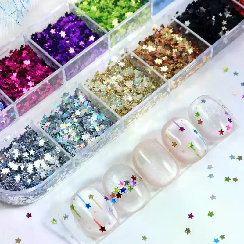 12-Grid Star Nail Glitter Sequins | Holographic 2mm Pentagram Flakes Nail Glitter Sequins QXL