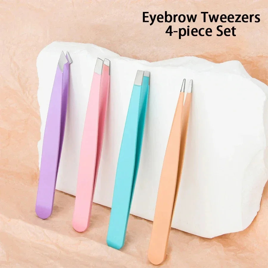 4-Pc Colorful Stainless Steel Eyebrow Tweezer Set + Storage Bag Eyebrow Tweezer Set QXL