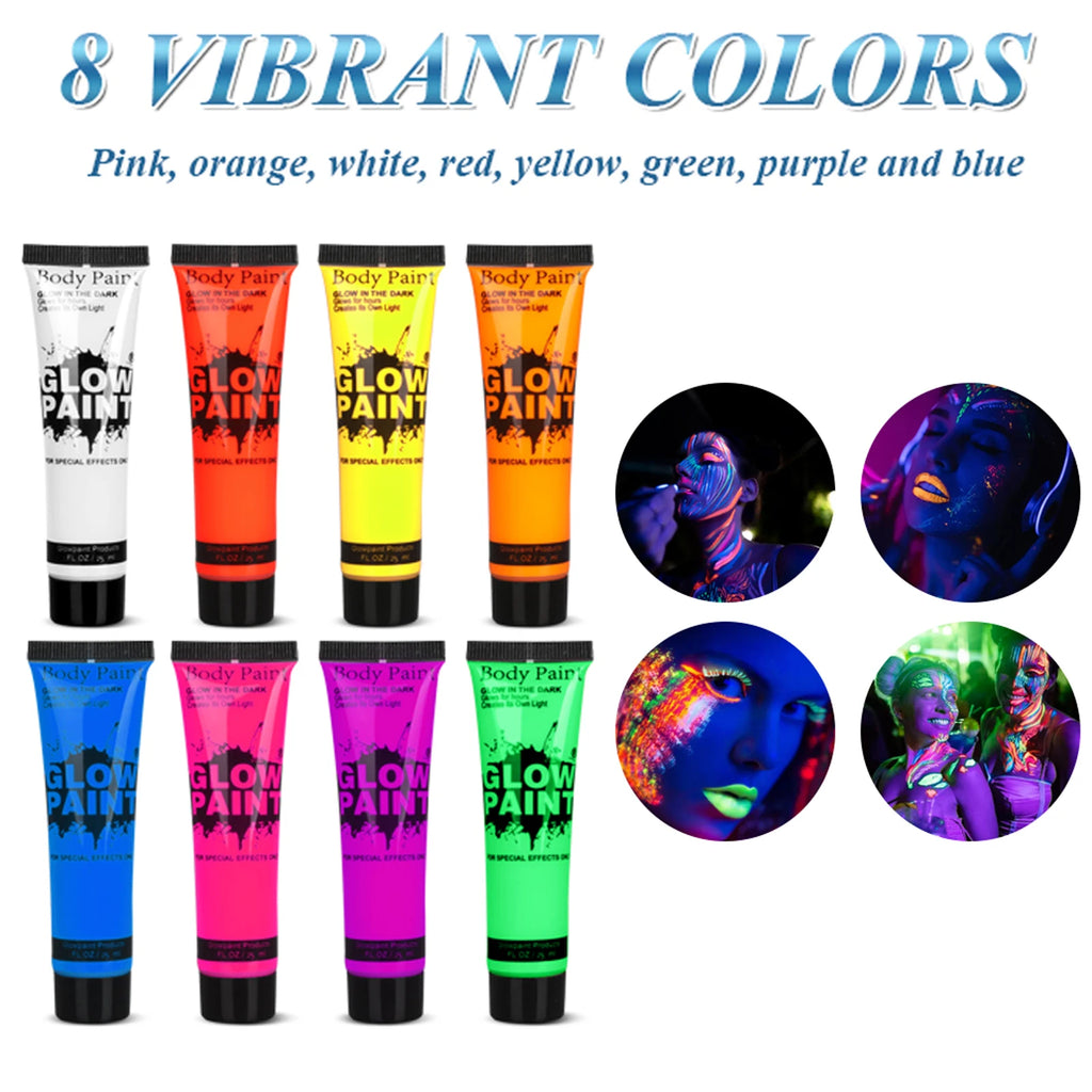 UV Neon Glow Body & Face Paint Set – 8 Tubes + Brushes UV Body Paint Set QXL