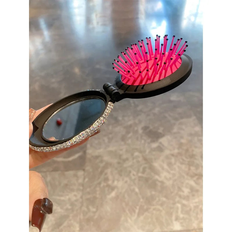 Folding Mini Air Cushion Comb with Diamond Mirror | Portable Folding Hair Comb QXL