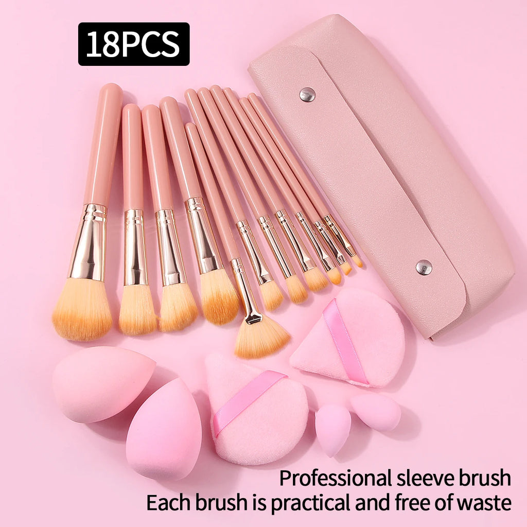 18-Pc Makeup Brush Set with Sponge, Puff & Bag – Pink Makeup Brush Set QXL Pink