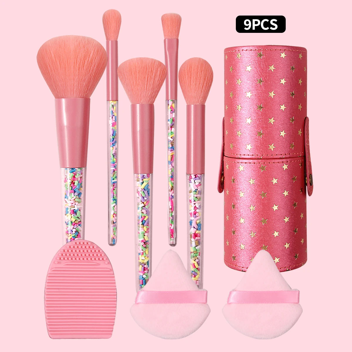 KOSSHOW 9-Piece Pink Makeup Brush Kit with Puffs & Holder Makeup Brush Set QXL Pink