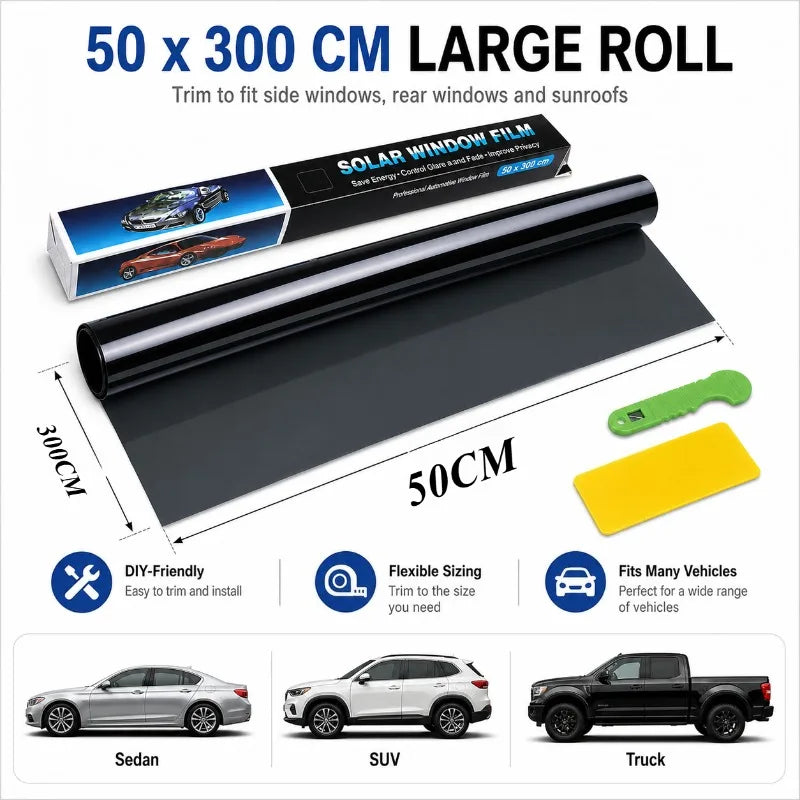 Car Window Tint Film 50x300cm | Solar UV Privacy Film + Tools Window Tint Film QXL