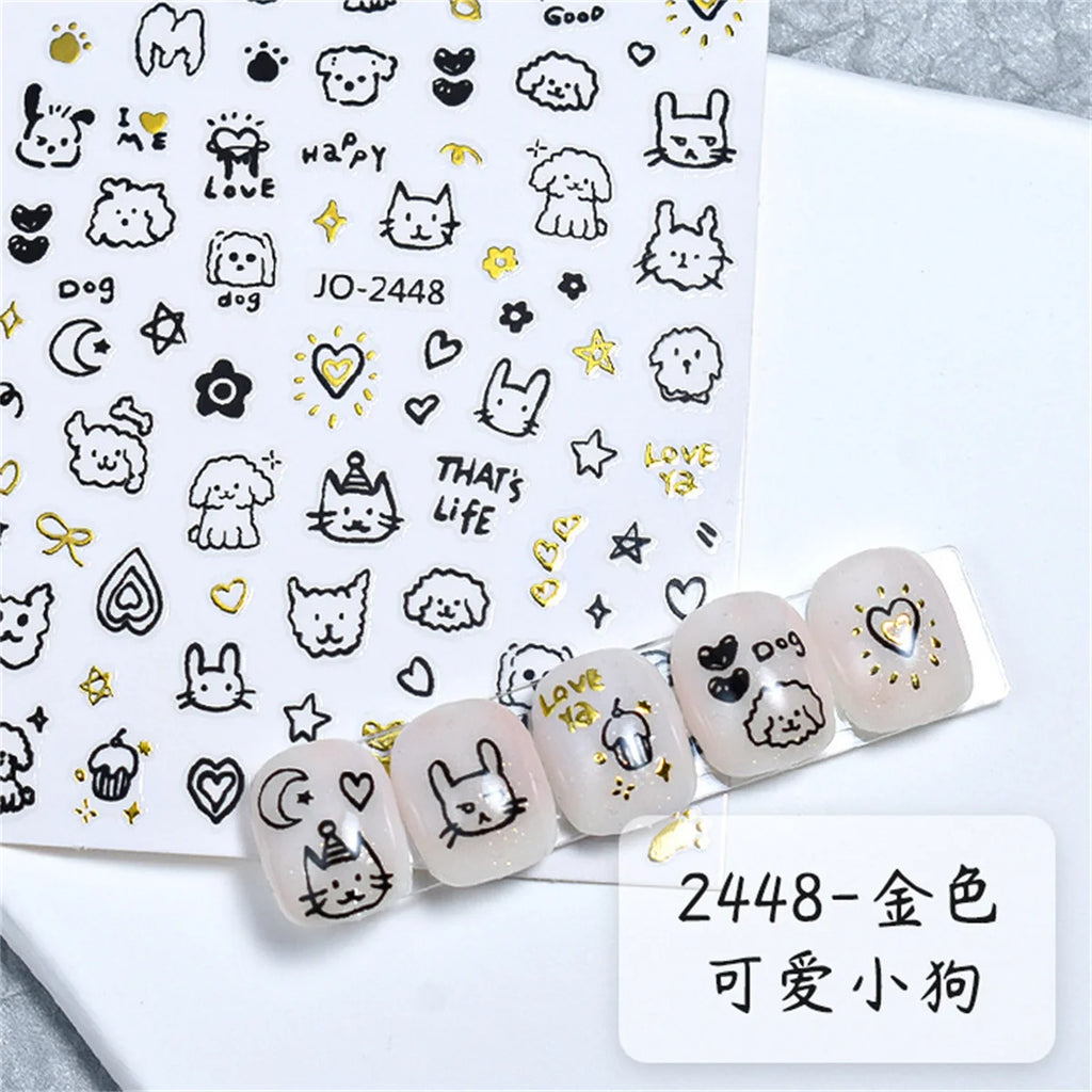 Kawaii 3D Cat & Dog Nail Art Stickers | Gold Silver AB Decals Nail Art Stickers QXL