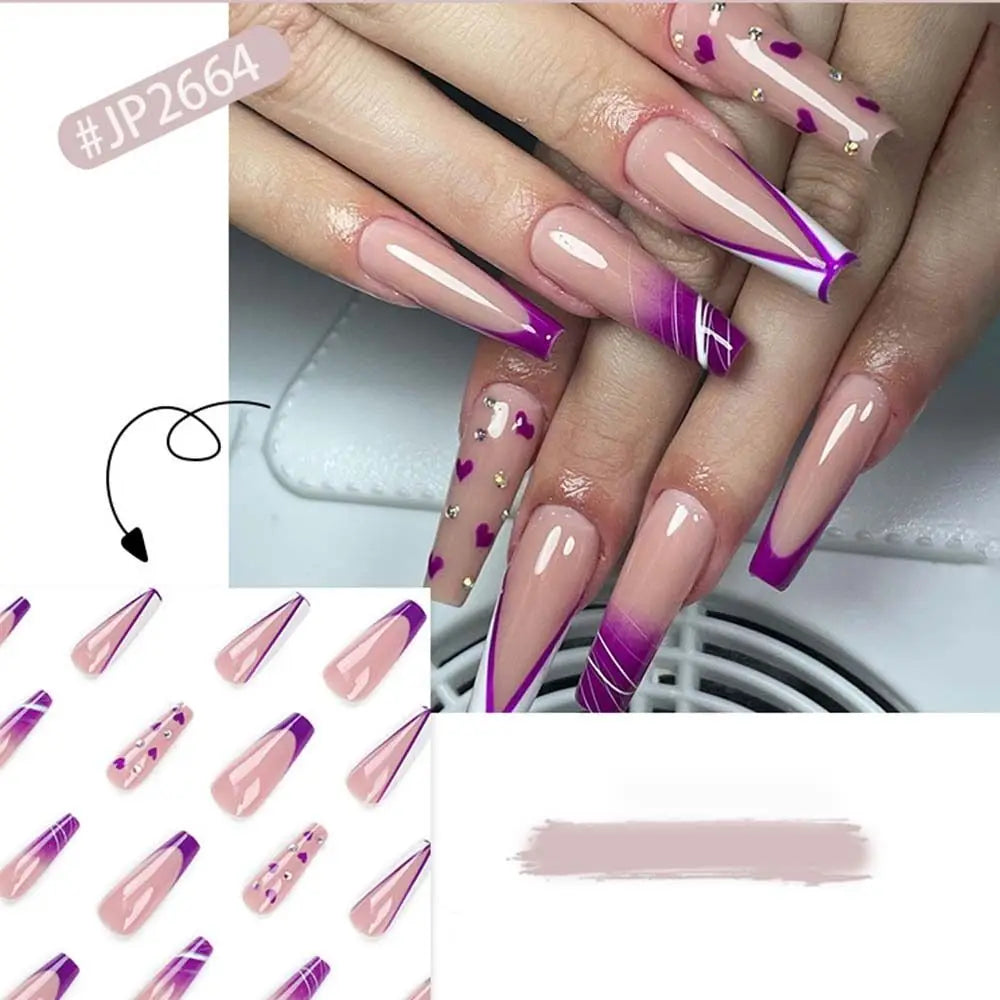 Long Ballerina False Nails | Star Purple Glitter French Tips 24pc False Nail Tips QXL
