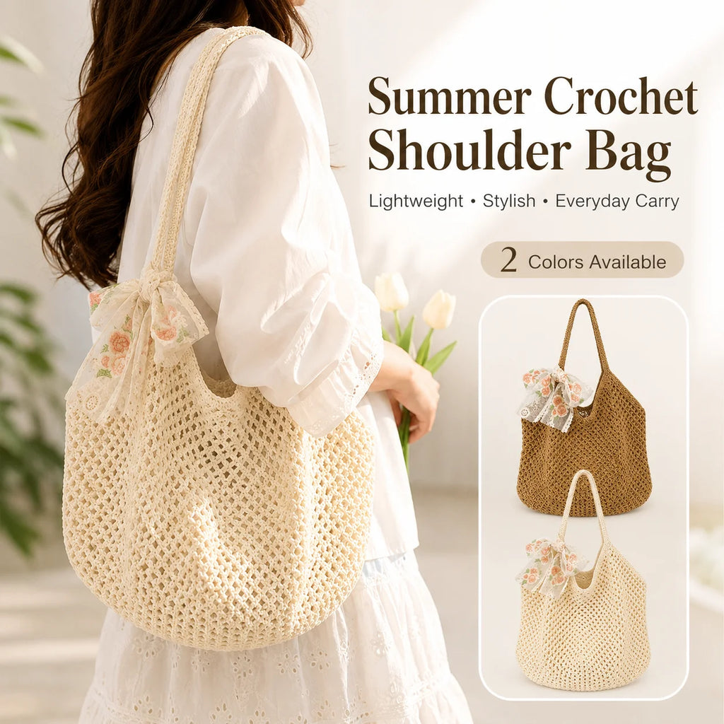 Women's Crochet Tote Bag | Lace Bow Woven Beach Shoulder Bag Crochet Shoulder Tote QXL
