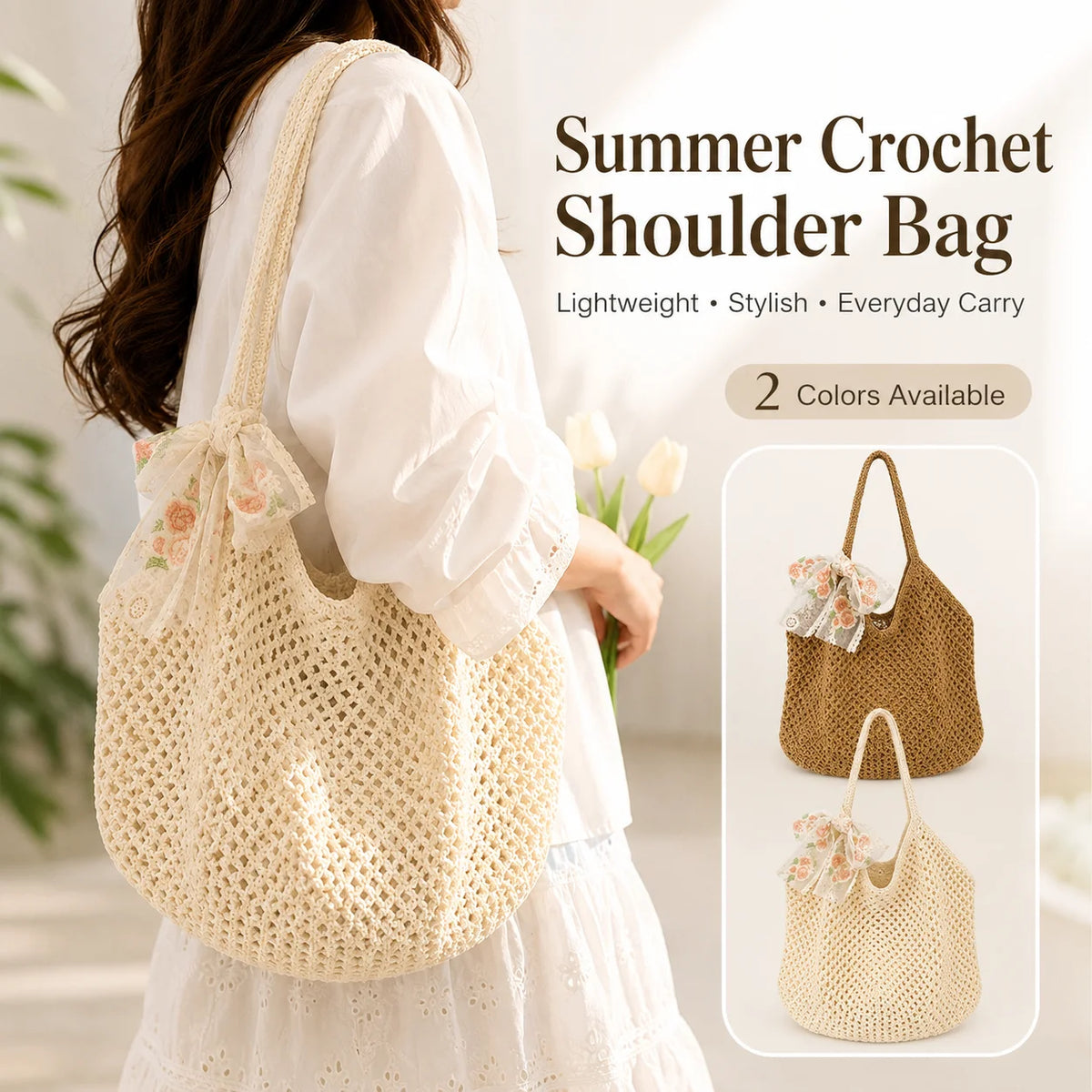Women's Crochet Tote Bag | Lace Bow Woven Beach Shoulder Bag Crochet Shoulder Tote QXL