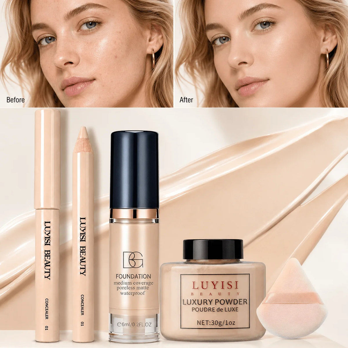 4-Piece Makeup Set | Concealer, Foundation, Powder & Puff Facial Makeup Set QXL