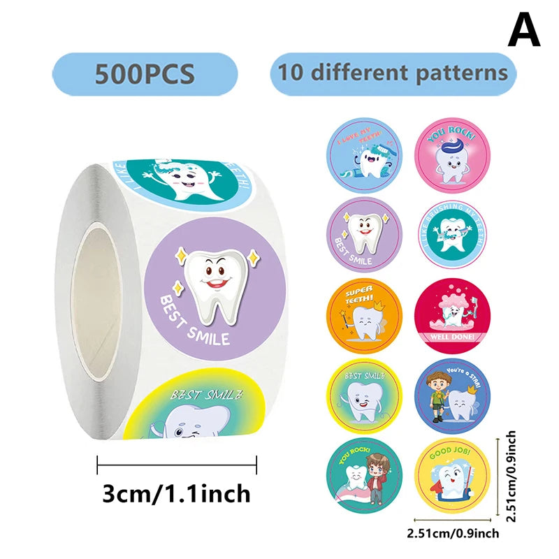 500 Tooth-Shaped Cartoon Stickers Roll | Kids Dental Rewards Dental Reward Stickers QXL A