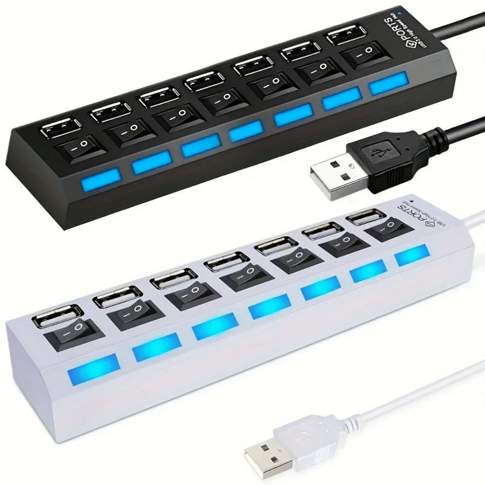 4/7-Port USB 2.0 Hub with LED Switches | PC & Laptop Splitter USB Hub QXL