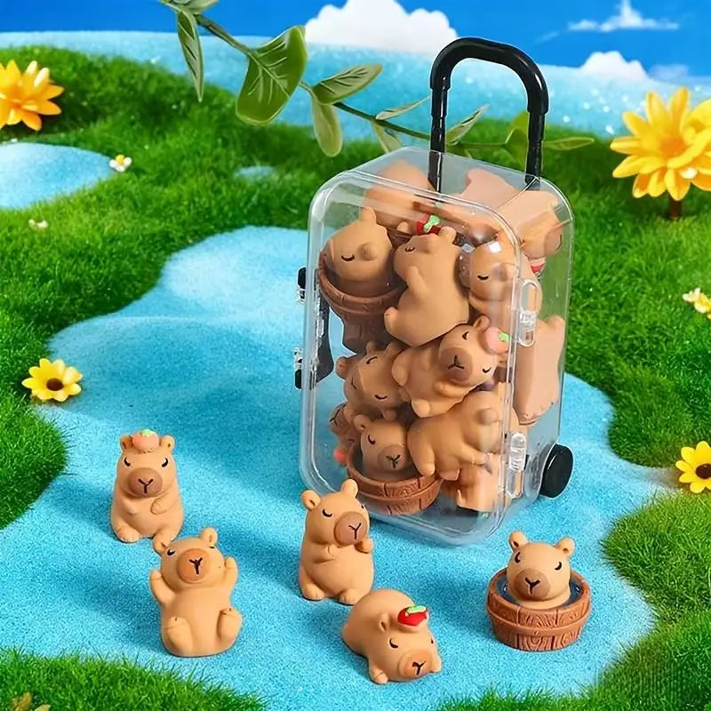 11-Pc Resin Capybara & Mini Luggage Box Figurine Set – Decor Gift Resin Figurine Set QXL