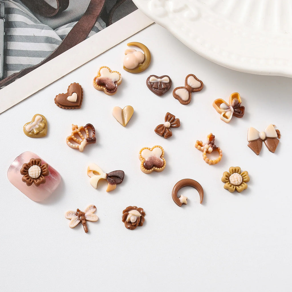 50-Pc 3D Kawaii Nail Charms | Autumn Brown Resin Heart Bow Flower 3D Nail Art Charms QXL