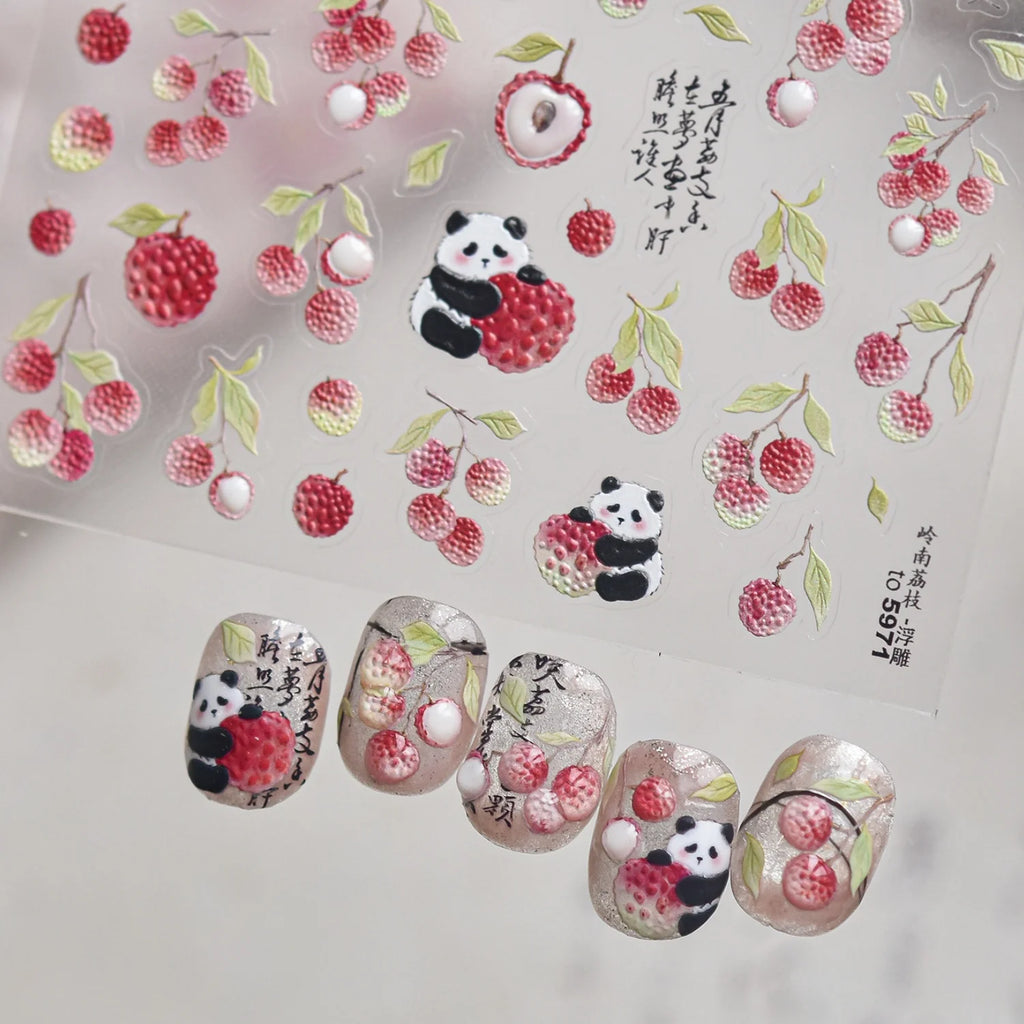 5D Embossed Nail Stickers – Panda, Litchi & Spring Decals Nail Art Stickers QXL