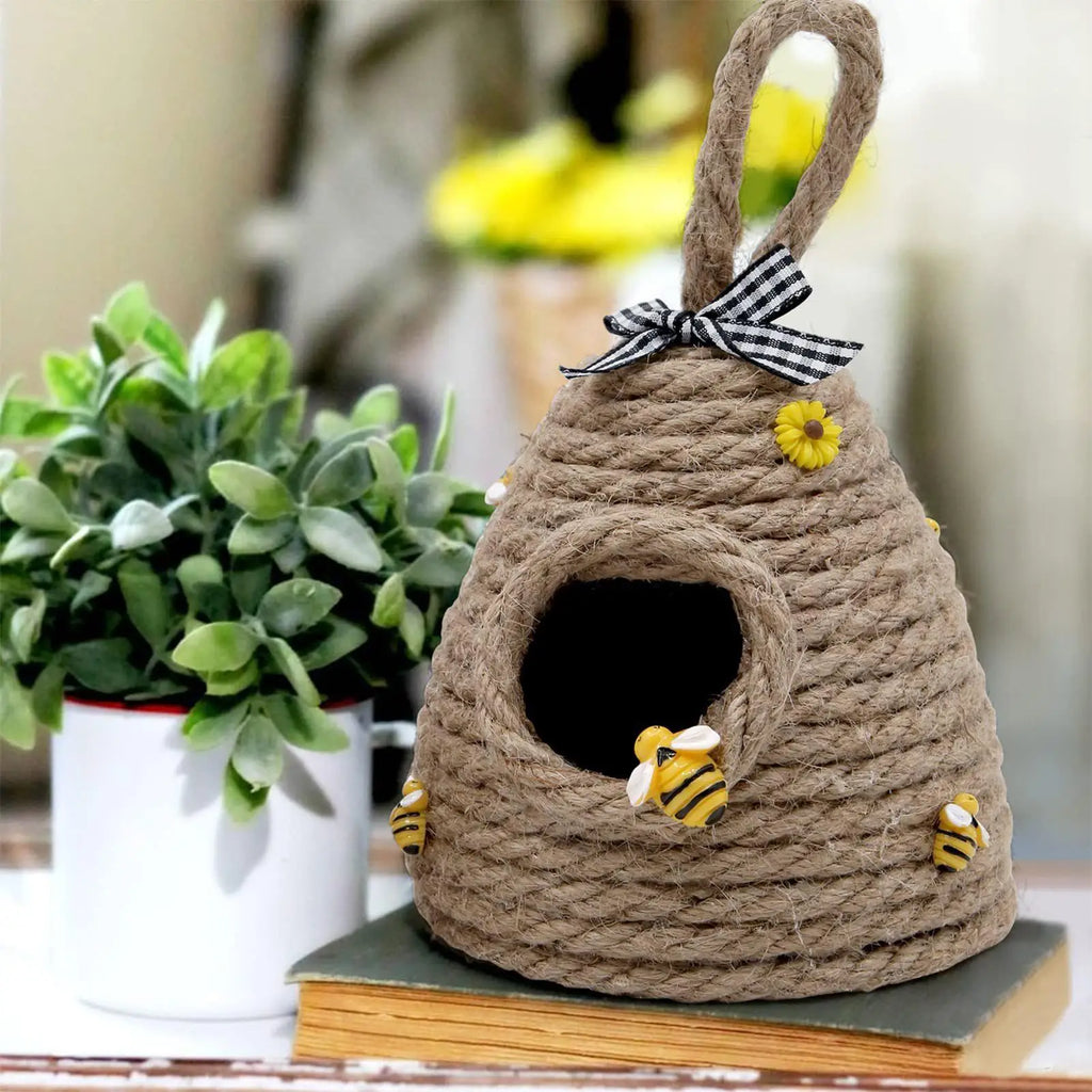 Handwoven Beehive Ornament | Rustic Honey Bee Figurine Decor Decorative Figurine QXL