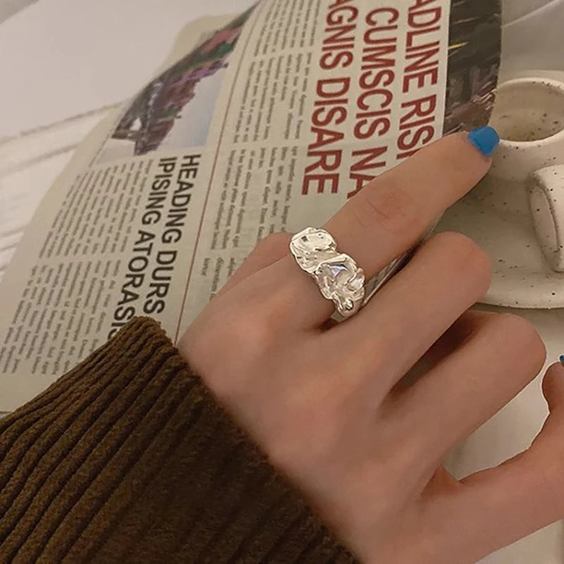 Silver Geometric Irregular Ring | Adjustable Open Band Unisex Fashion Ring QXL