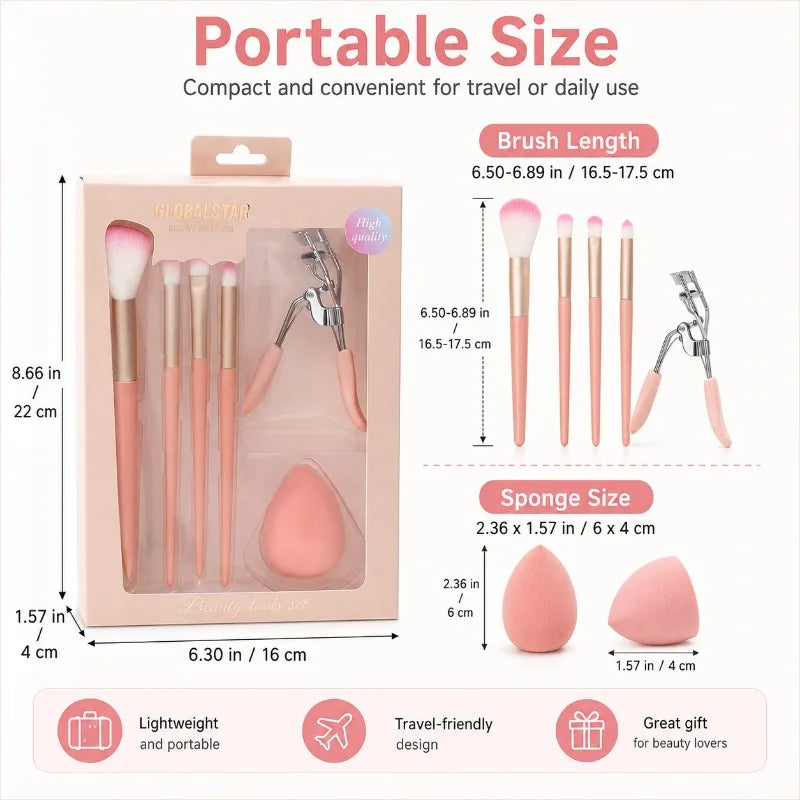 6-Piece Makeup Brush Set with Sponge & Eyelash Curler Makeup Brush Set QXL