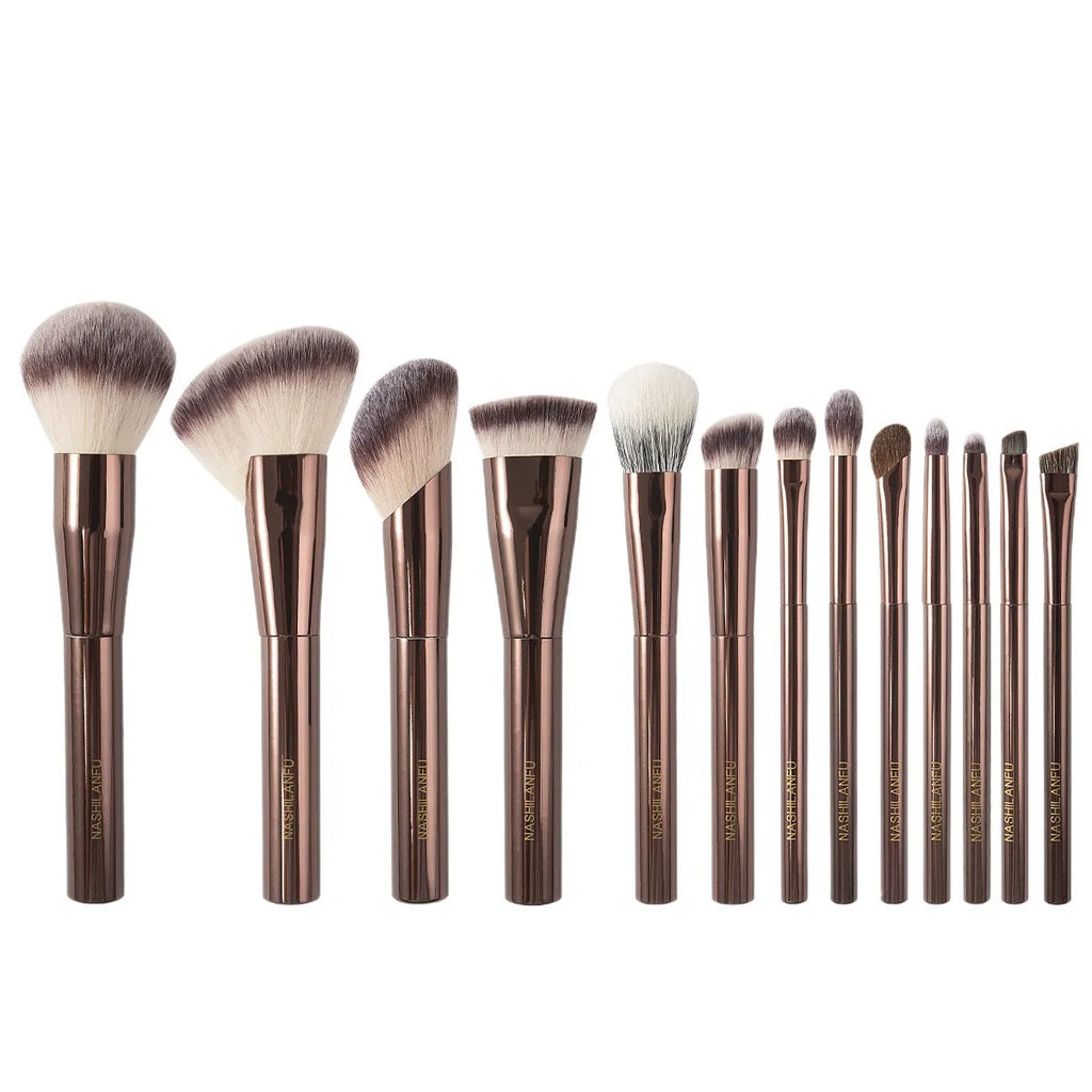 13-Pc Pro Makeup Brush Set | Rose Gold Aluminum Handle Makeup Brush Set QXL 13PCS