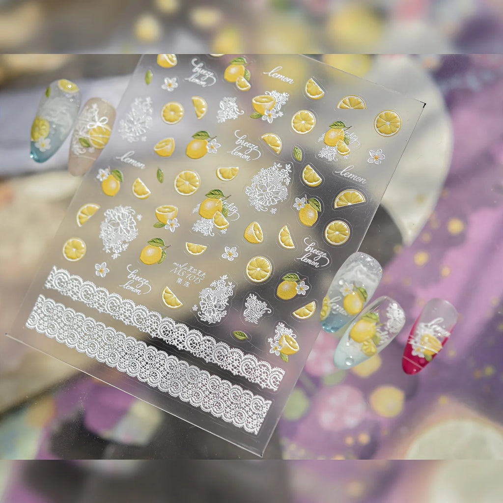 5D Lemon & White Flower Nail Stickers | Self-Adhesive Decals Nail Art Stickers QXL